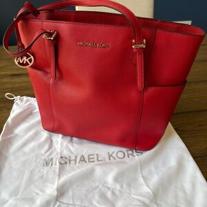 Michael Kors Red Saffiano Leather Tote with Gold Hardware